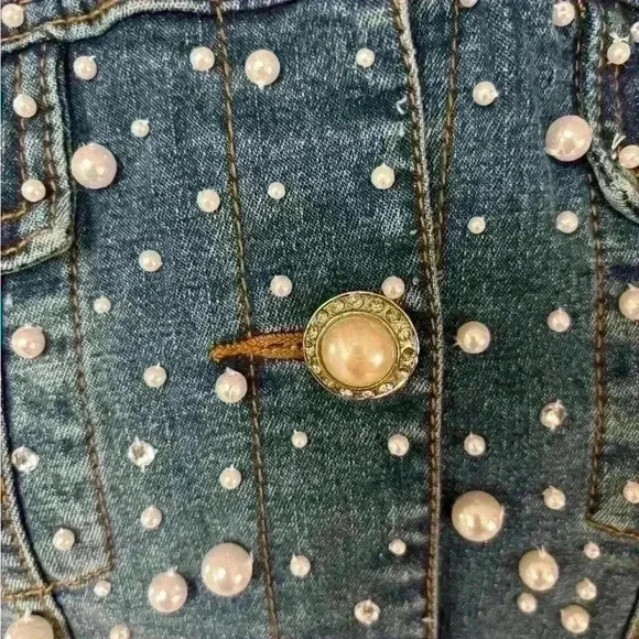 QUACKER FACTORY PEARL & RHINESTONE WESTERN BLUE DENIM JEAN JACKET SHACKET SZ S-L - Picture 9 of 15